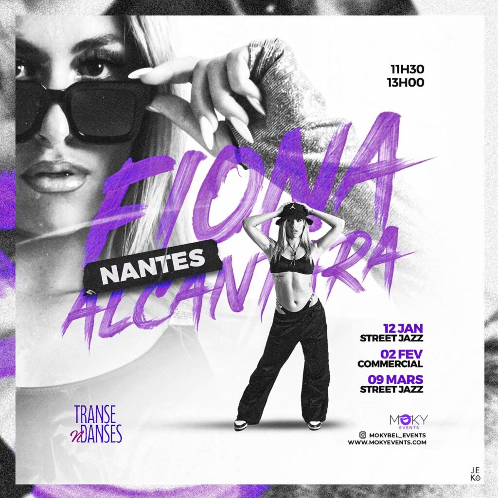 Flyer des ateliers Street Jazz avec Fiona Alcantara à Nantes en janvier, février et mars 2025.