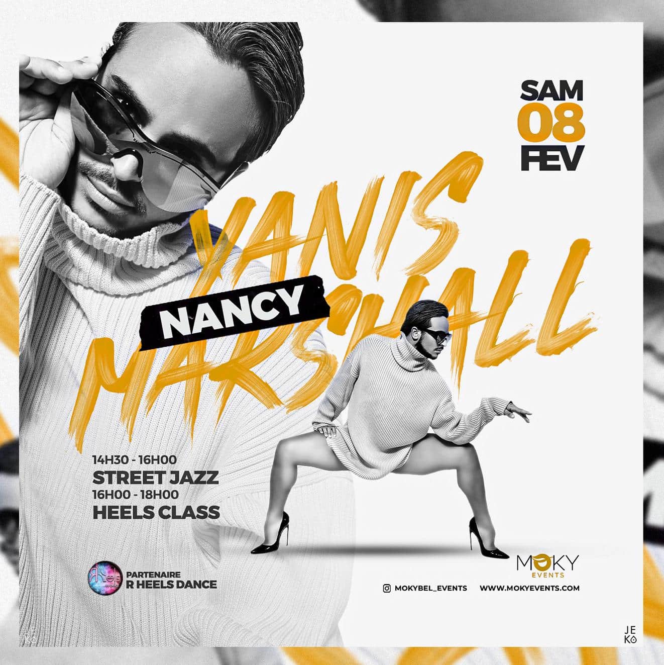 Promotional visual for Yanis Marshall's dance workshops in Nancy on February 8, 2025, featuring Street Jazz and Heels Class. Event organized by Moky Events at WAF FORME.