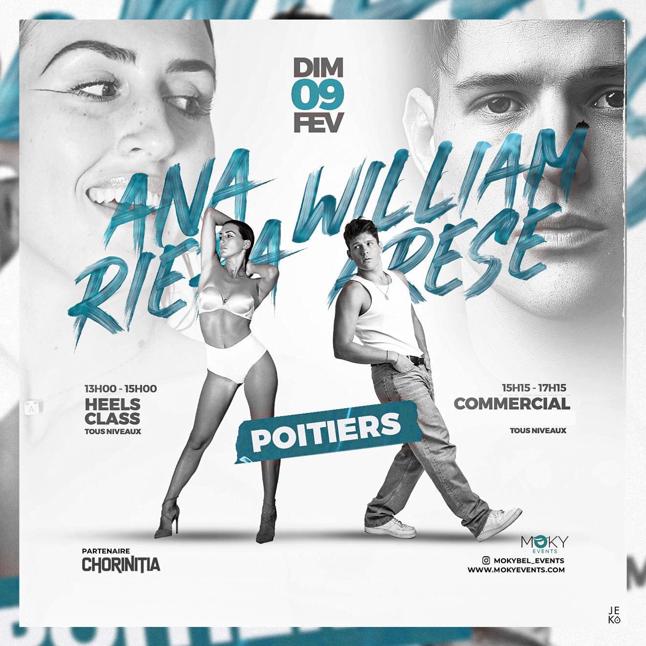 Visuel promotionnel de l'atelier danse à Poitiers avec Ana Riera (atelier talons) et William Arese (danse commerciale), organisé par Moky Events le dimanche 9 février 2025 au Gymnase Fontaine-le-Comte.