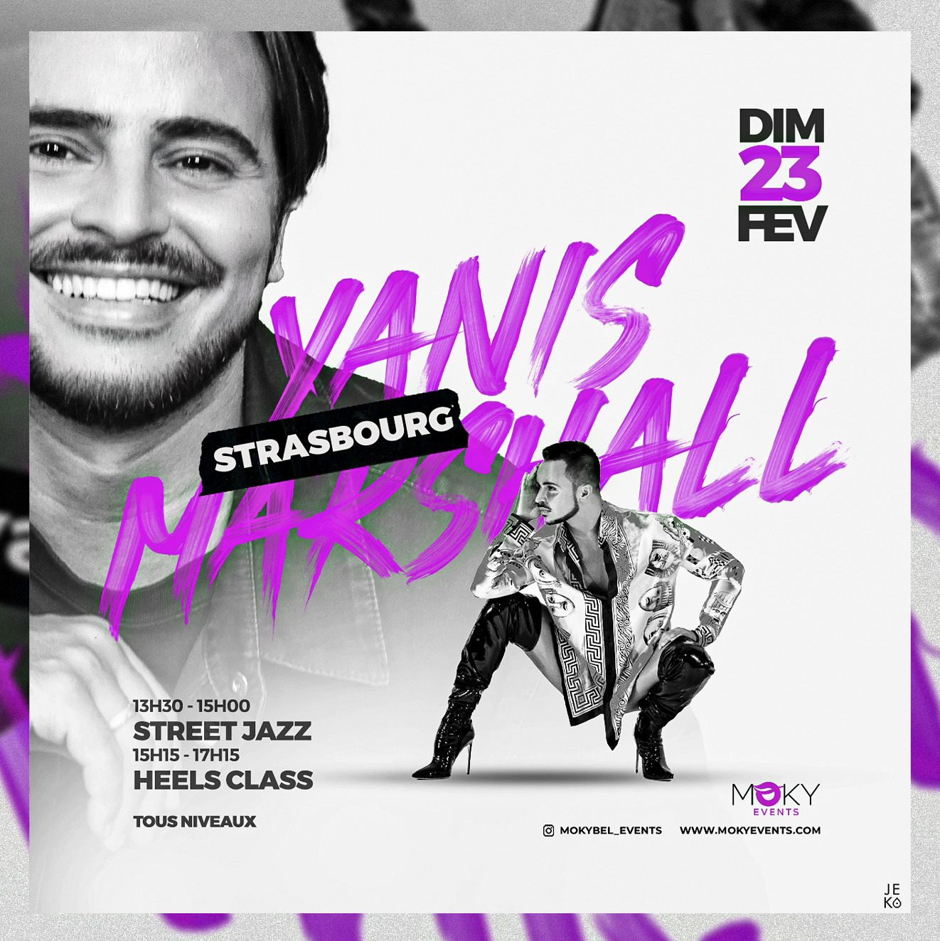 Affiche de l'événement Yanis Marshall à Strasbourg avec deux ateliers de danse le 23 février 2025 : Street Jazz et Heels Class.